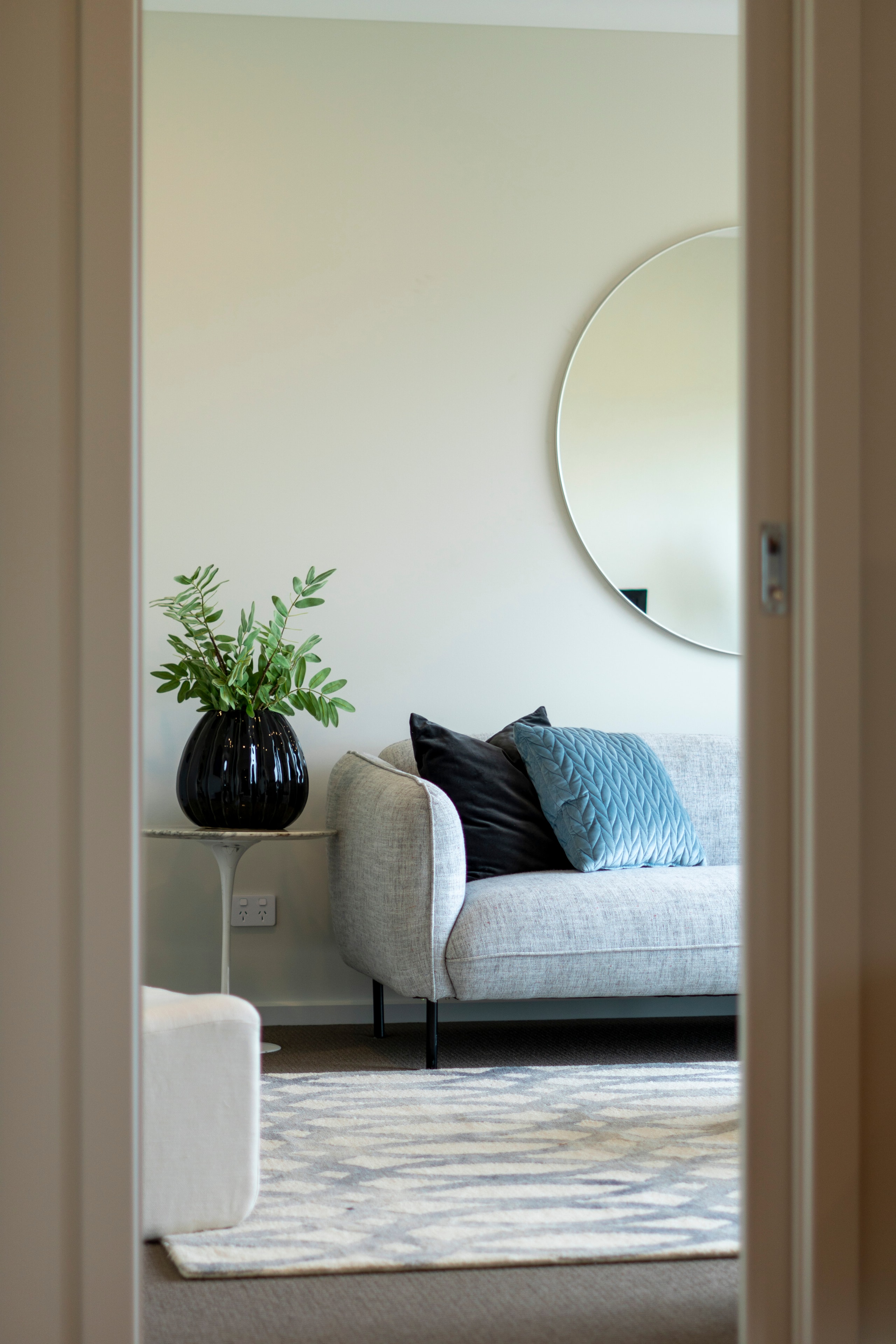 Modern living room with gray sofa
